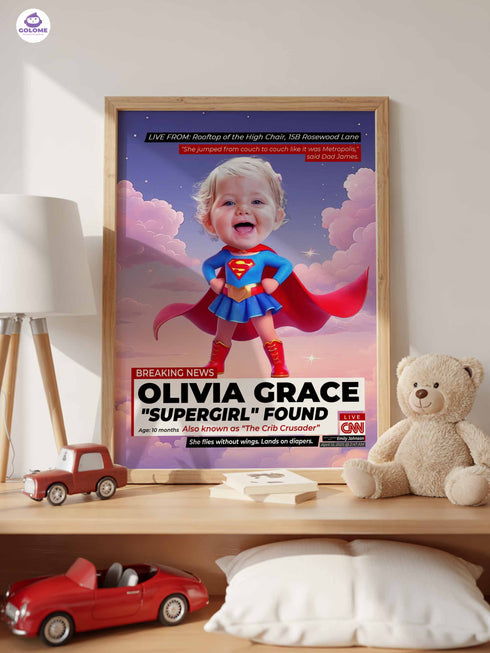 Custom Baby Flying Hero Poster – Personalized Baby Girl Wall Art